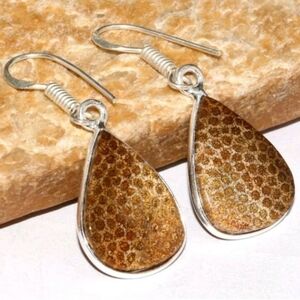 Fossil Coral Gemstone 925 Sterling Silver Handmade Drop Dangle Earrings